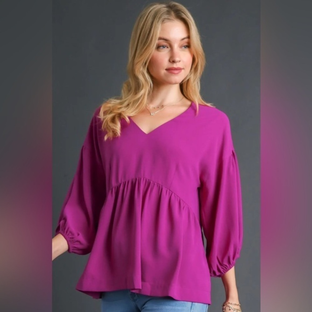 Umgee Full Size V-Neck Puffed 3/4 Sleeve Babydoll Blouse Plus Size